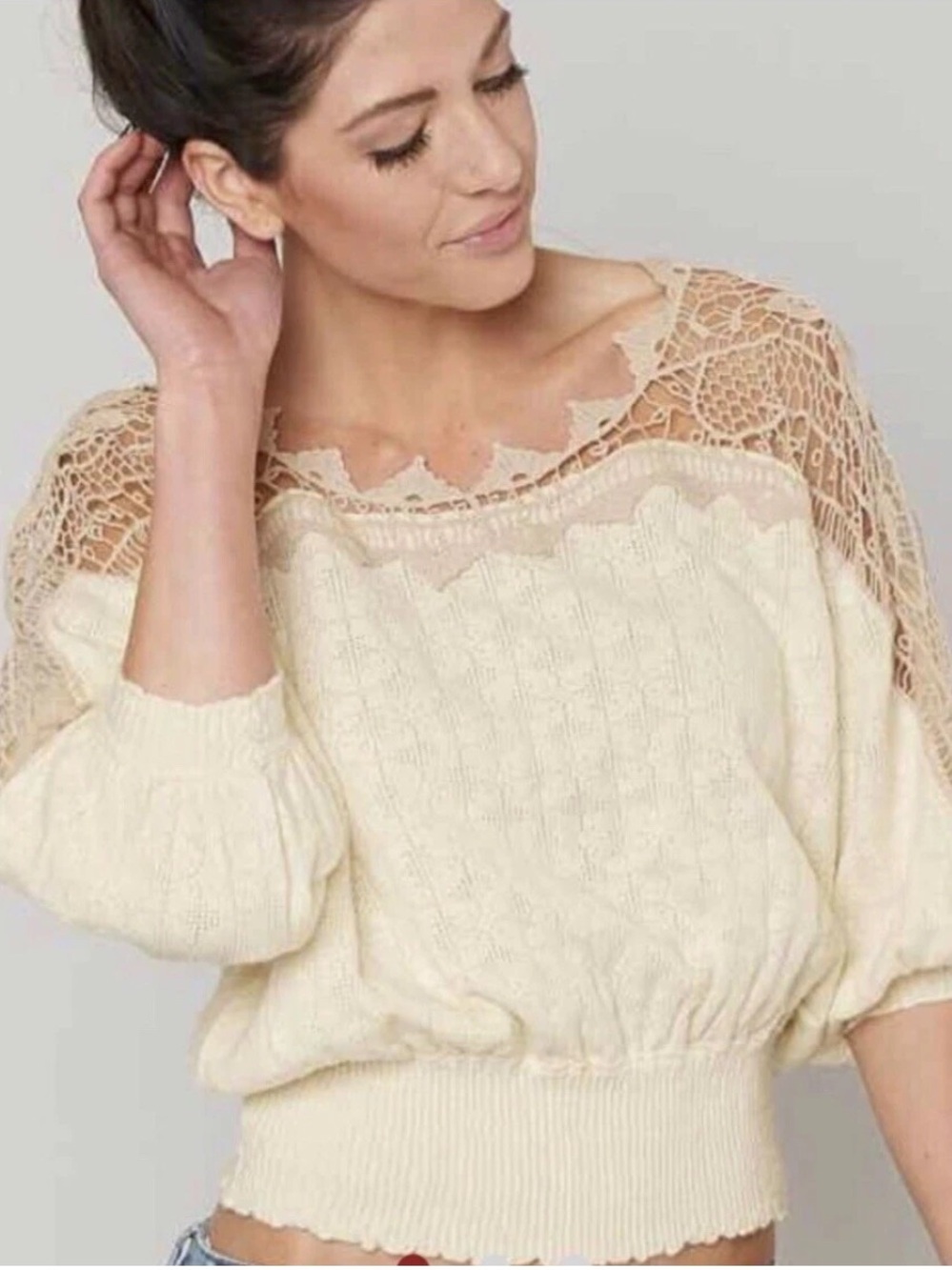Free People Love Lace Peasant Top Ivory Crochet Lace Boho Size S